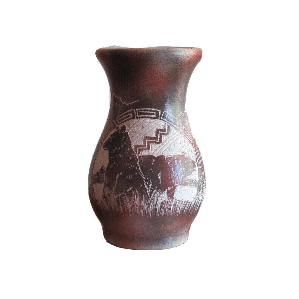 Navajo Relief Etched Painted Brown Bear Vase Landscape SIGNED 7.25" Brown Hues